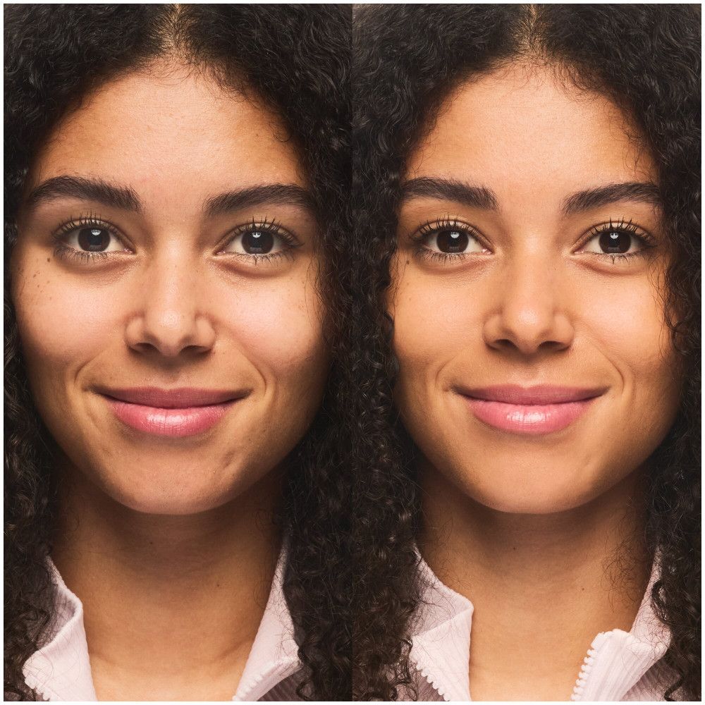 Voor-en-na vergelijking. Twee gezichten van een vrouw. Links ongeschminkt, rechts met foundation.