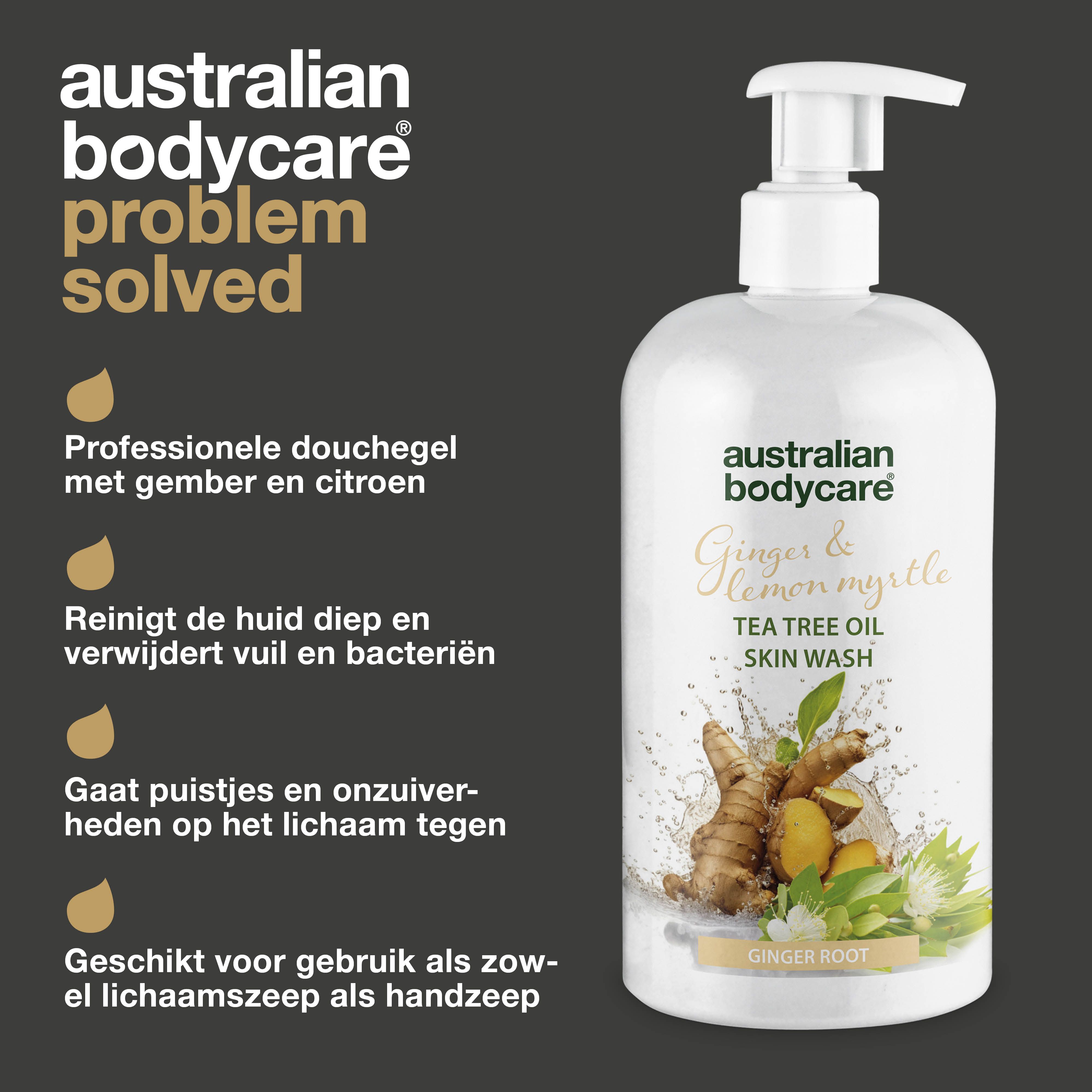 Productfles. Tekst: Probleem opgelost. Opschrift: Australian Bodycare, Ginger & Lemon Myrtle, Tea Tree Oil Skin Wash.