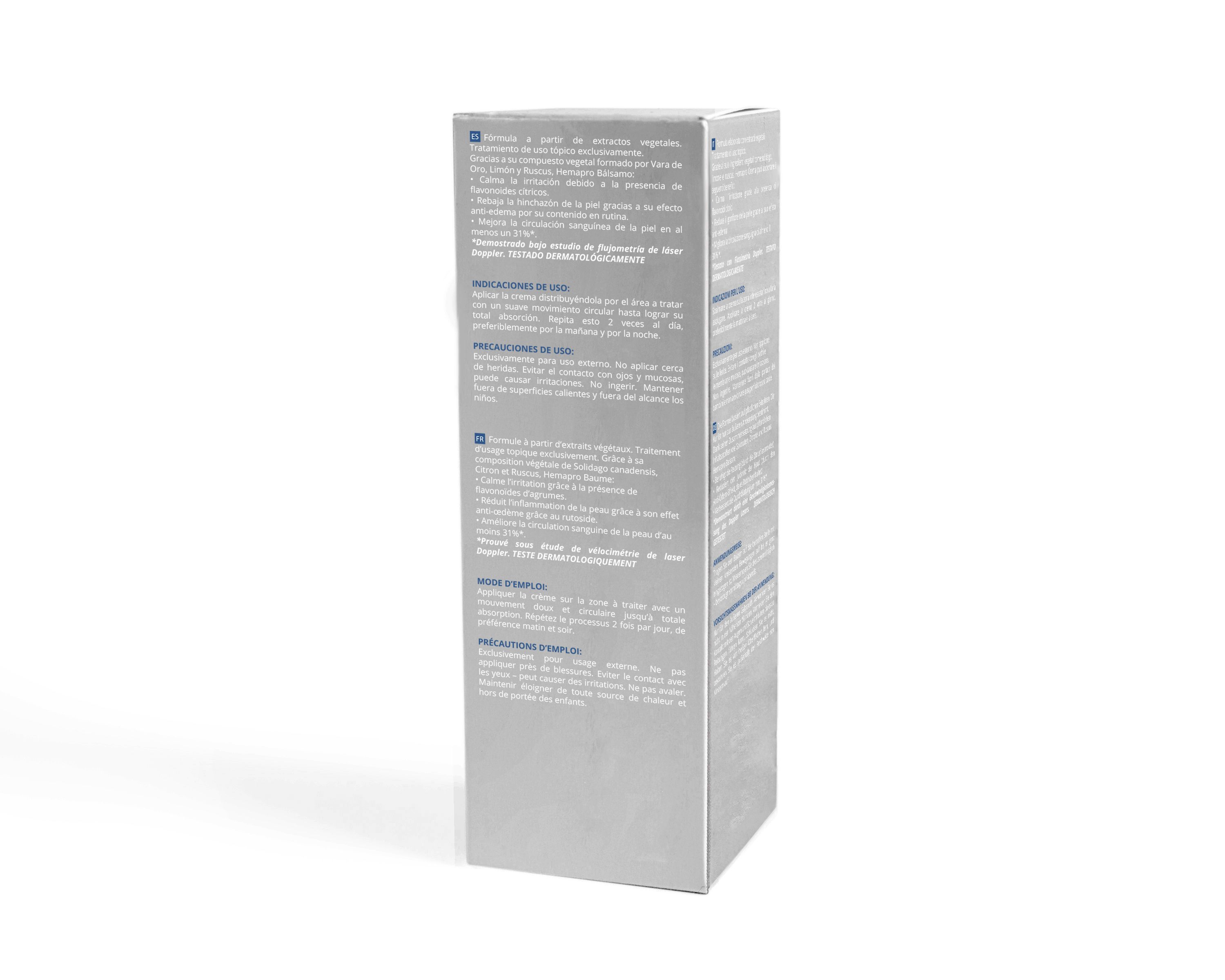 Dos de l'emballage du produit. Fond gris avec texte. Informations et précautions multilingues.