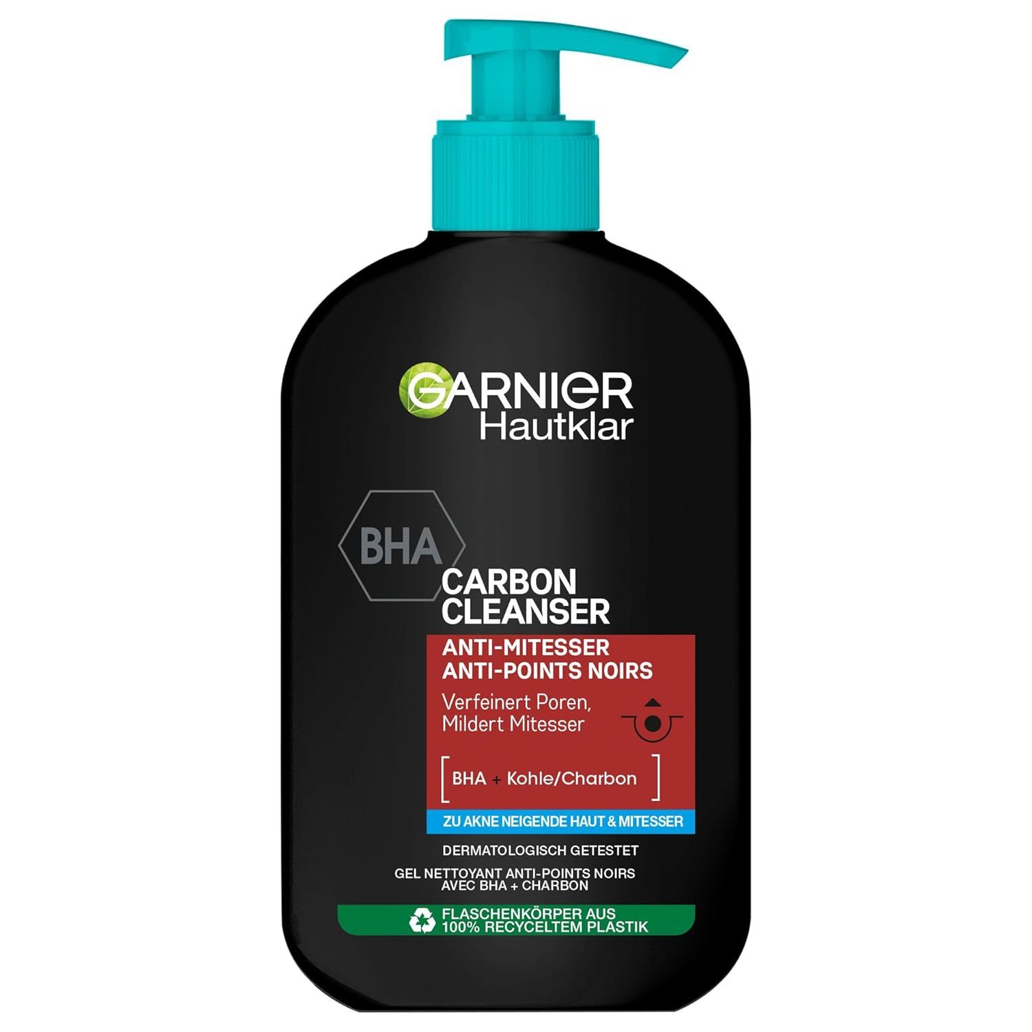 Flacon noir Garnier Hautklar Waschgel. BHA Carbon Cleanser. Pompe turquoise. Vegan, sans cruauté, 100% recyclé.