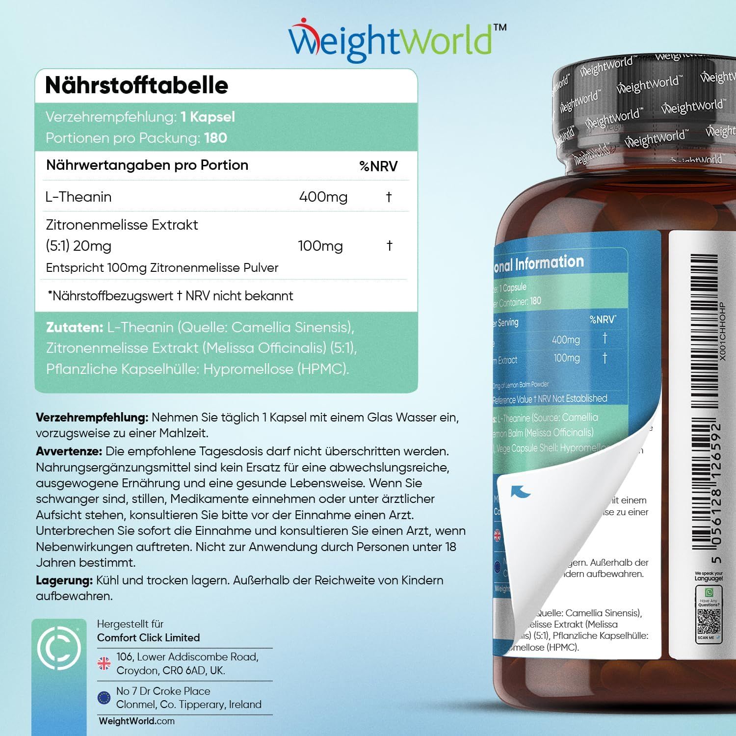 Tableau nutritionnel sur un flacon de L-Théanine avec Mélisse. Contient 400mg L-Théanine et 100mg Mélisse.