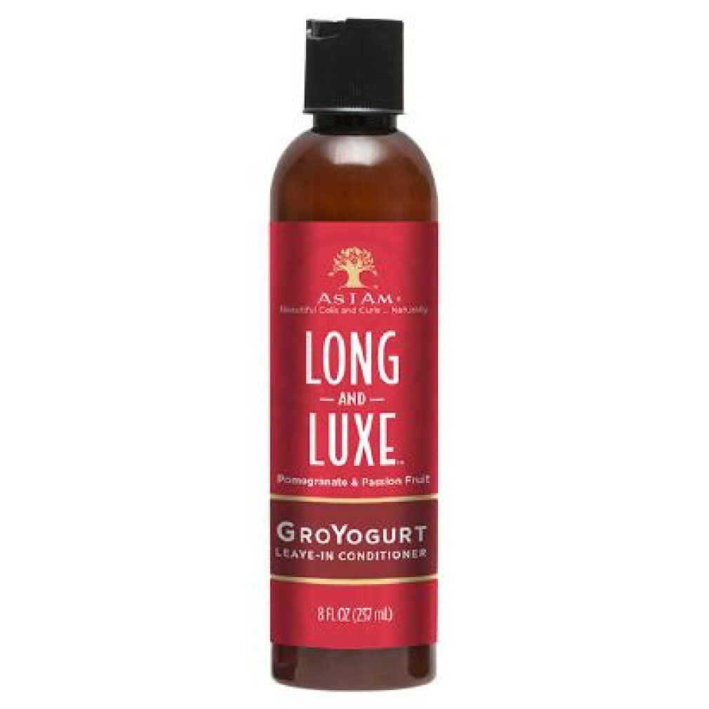 Bouteille marron avec étiquette rouge. Texte: LONG AND LUXE, GroYogurt Leave-In Conditioner. Bouchon noir. 8 fl oz (237 ml).