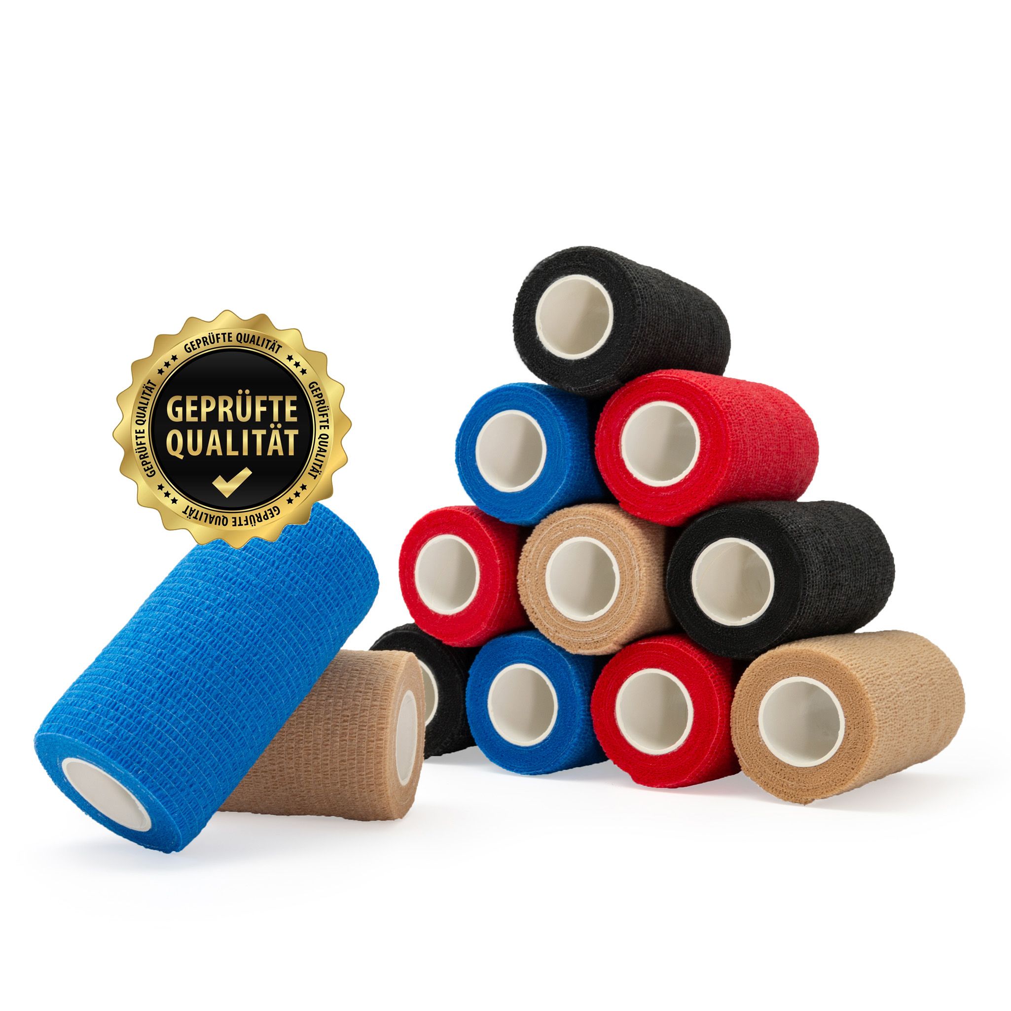 Meerkleurige zelfklevende bandages, gerangschikt in een piramide. Blauwe bandage op de voorgrond. Gouden plaat met "GEPRÜFTE QUALITÄT".