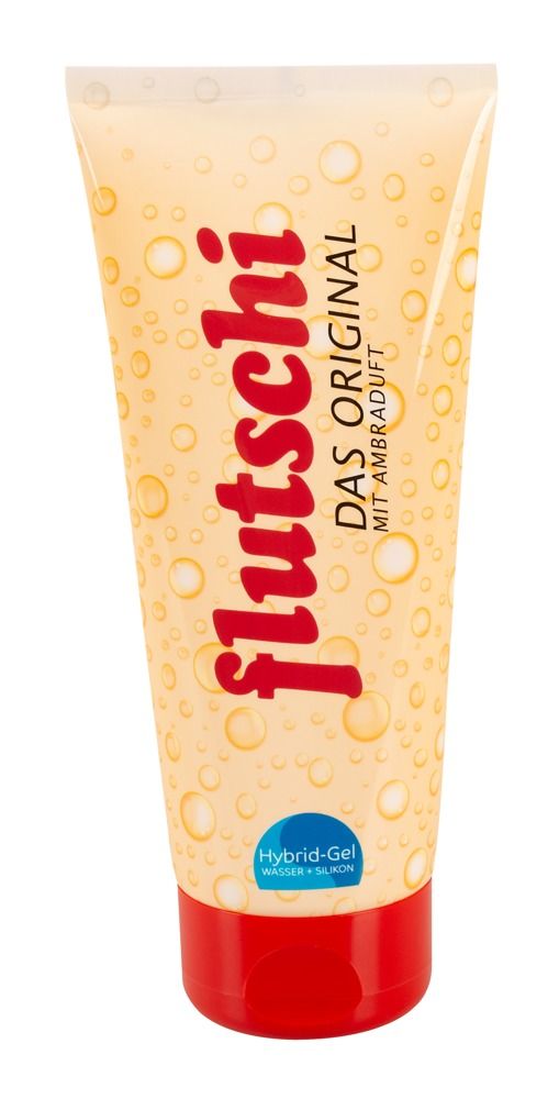 Tube avec bouchon rouge. Inscription: flutschi, DAS ORIGINAL, MIT AMBRADUFT. Tube beige-jaune avec motif bulles.