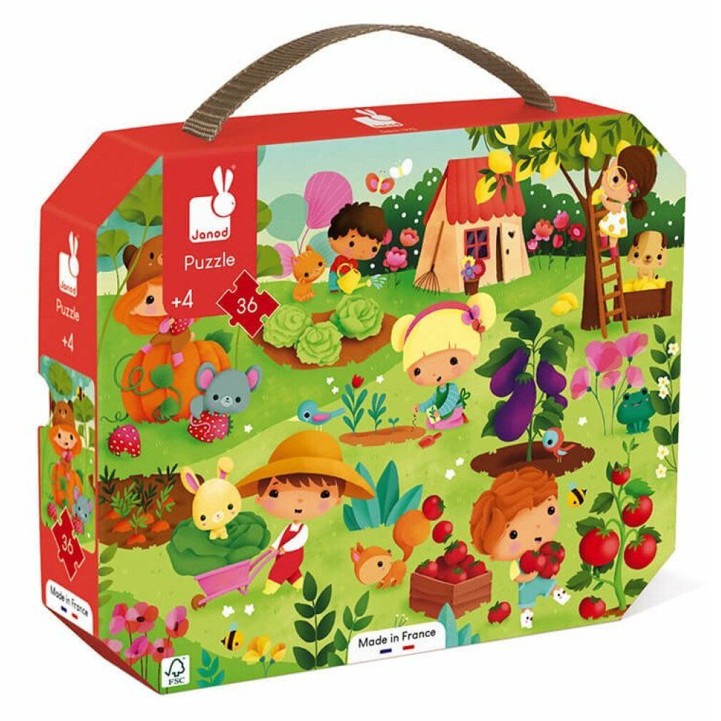 Puzzel in koffer, 36 stukjes. Rode koffer met tuinillustratie. Handvat. Janod-logo en leeftijdsadvies.