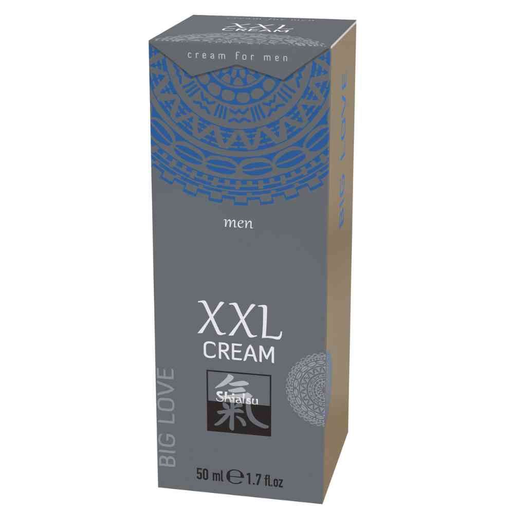 Grijze doos met "XXL CREAM", "men" en logo. Patroon boven. 50 ml / 1.7 fl.oz. "cream for men" bovenaan.