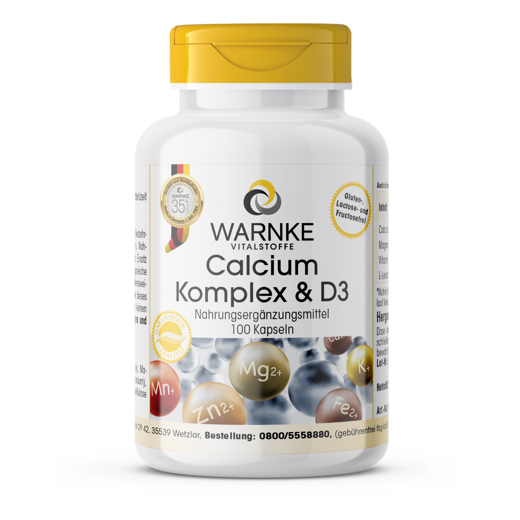 Witte fles met gele dop. Opschrift: Warnke Vitalstoffe Calcium Komplex & D3. 100 capsules. Met certificeringen.