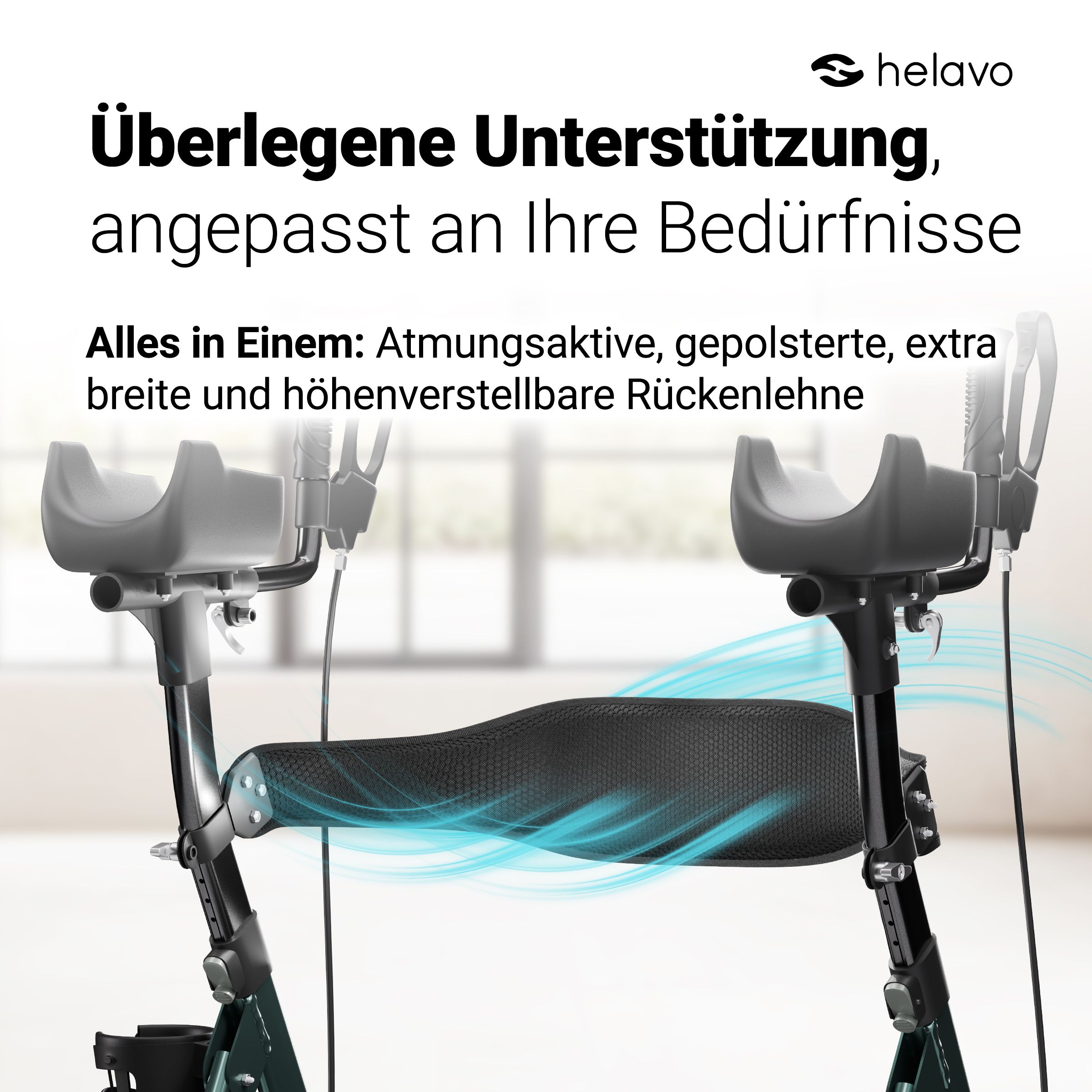 Rollator met ademend, verstelbaar rugsteuntje.