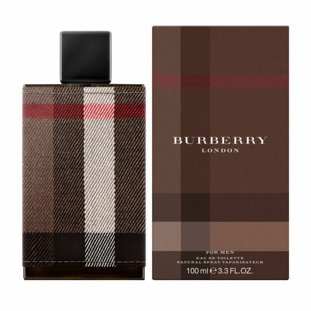 Flacon avec bouchon noir et emballage. Les deux présentent le motif à carreaux Burberry. "BURBERRY LONDON" est écrit sur l'emballage.