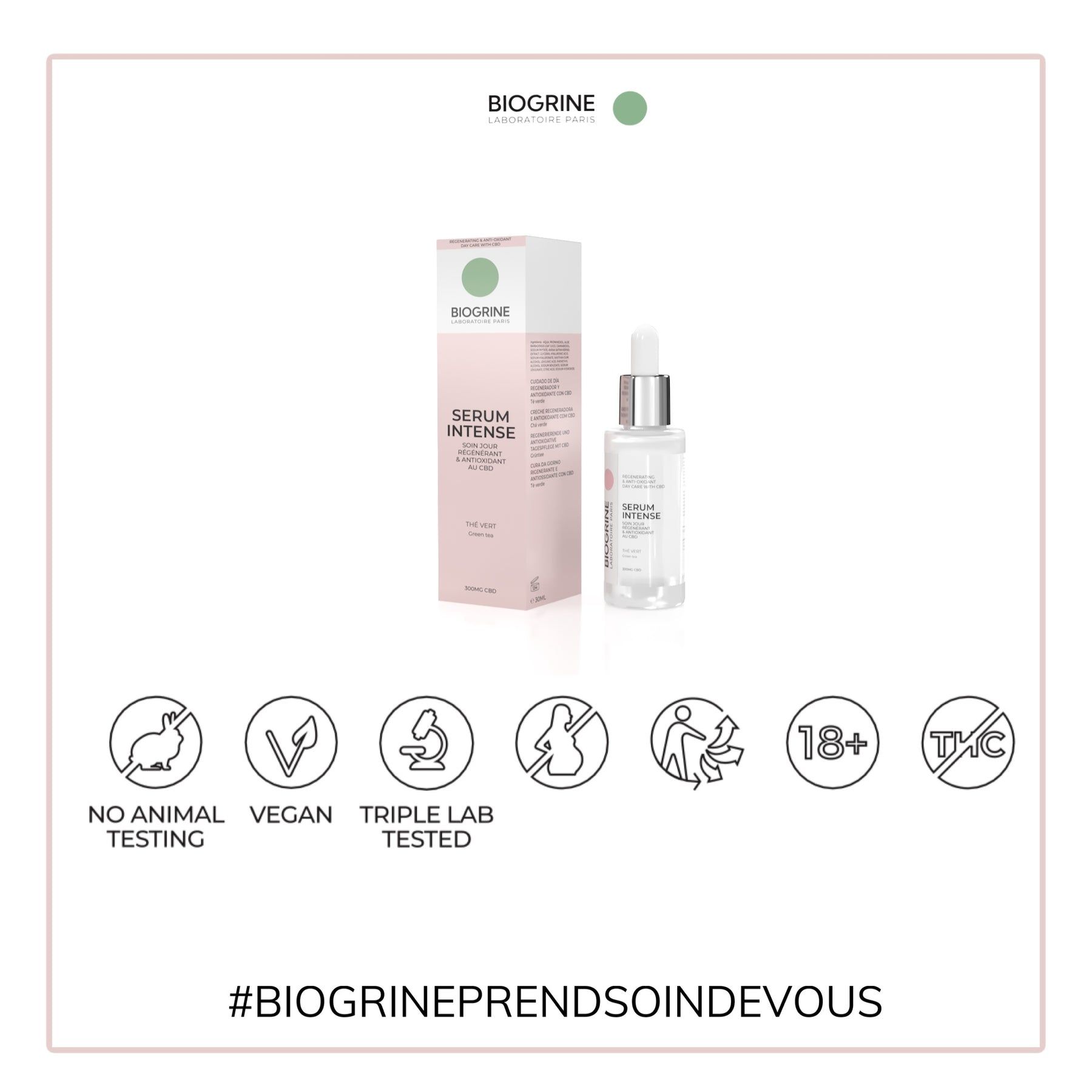BIOGRINE "SÉRUM INTENSE" – Sérum CBD & Acide Hyaluronique, régénérant et antioxydant au thé vert