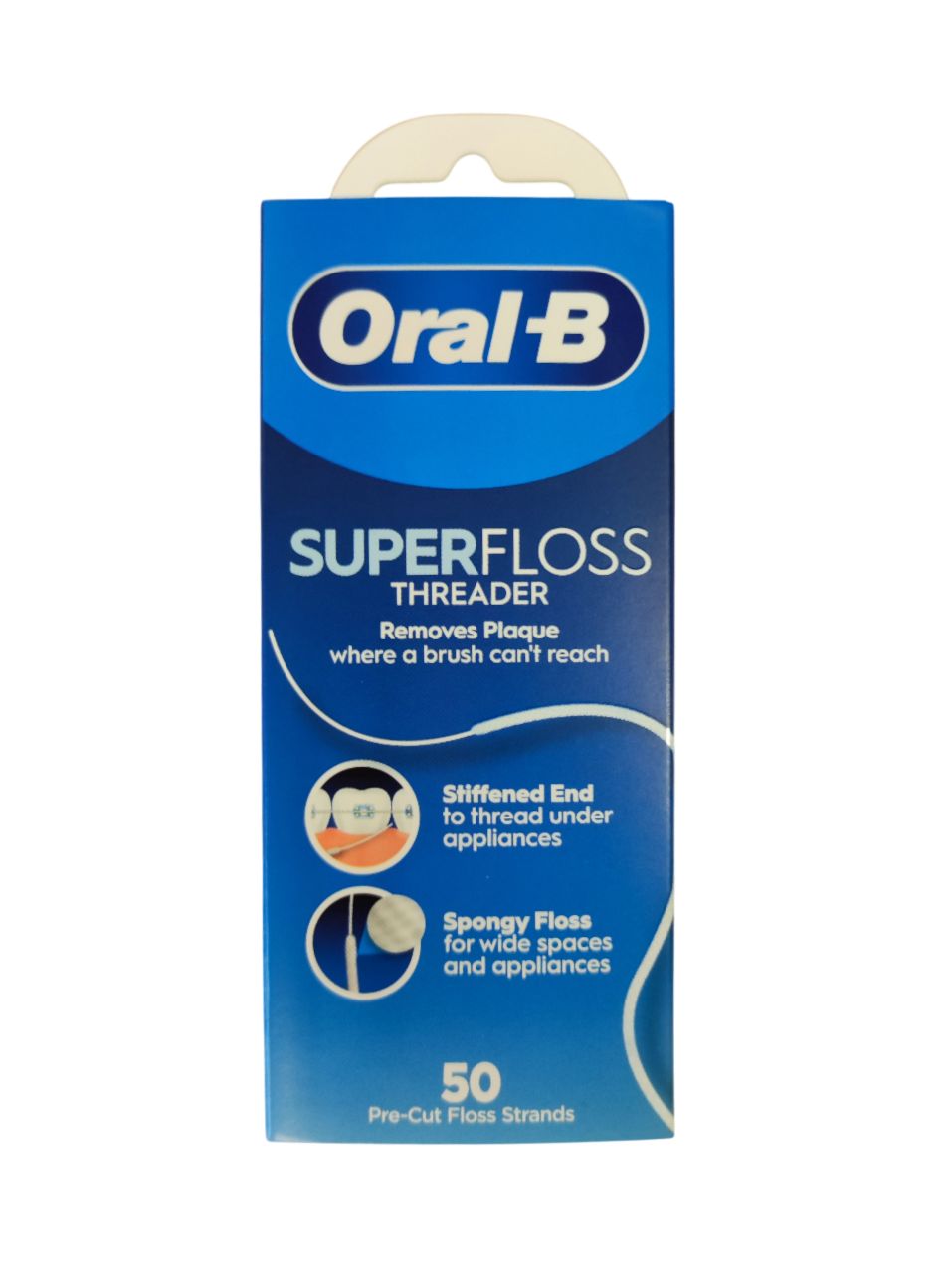 Verpakking van Oral-B Superfloss Threader. Blauw en wit. Bevat 50 voorgesneden flossdraden. Illustraties van tanden en flossdraad.