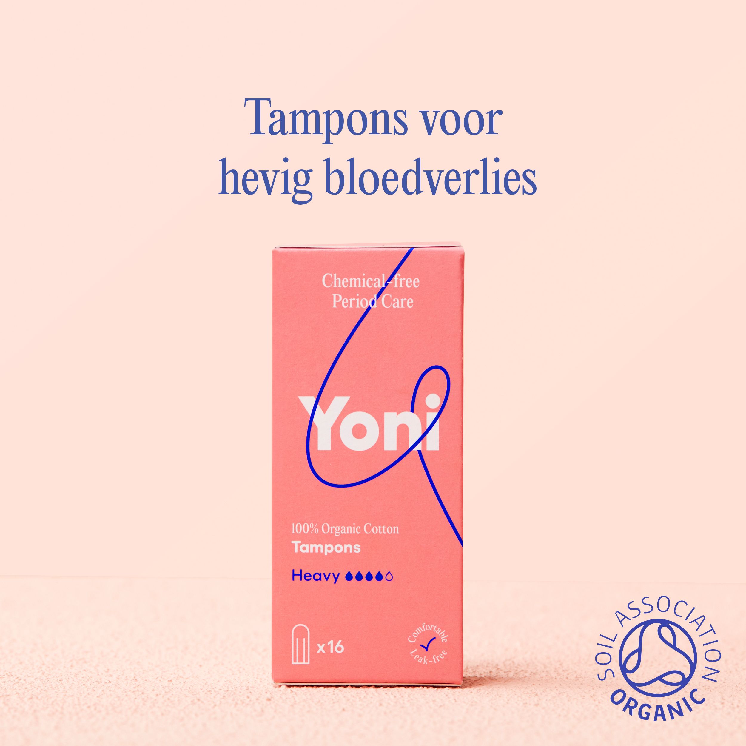 Tekst: Tampons voor hevige bloedingen. Roze doos tampons. Opschrift: Yoni, 100% biologisch katoen.