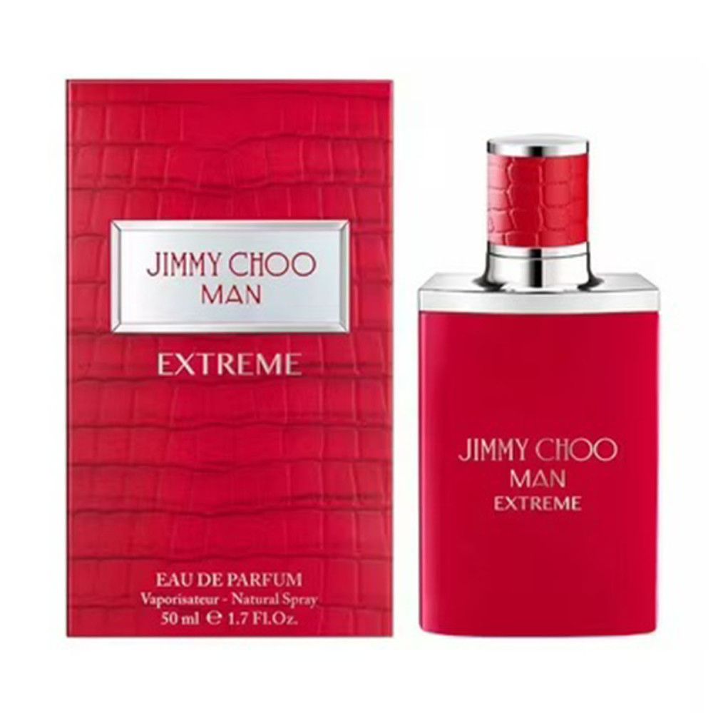 Flacon et emballage de parfum rouge. Inscription : Jimmy Choo Man Extreme. Flacon avec bouchon argenté et texture rouge imitation cuir.