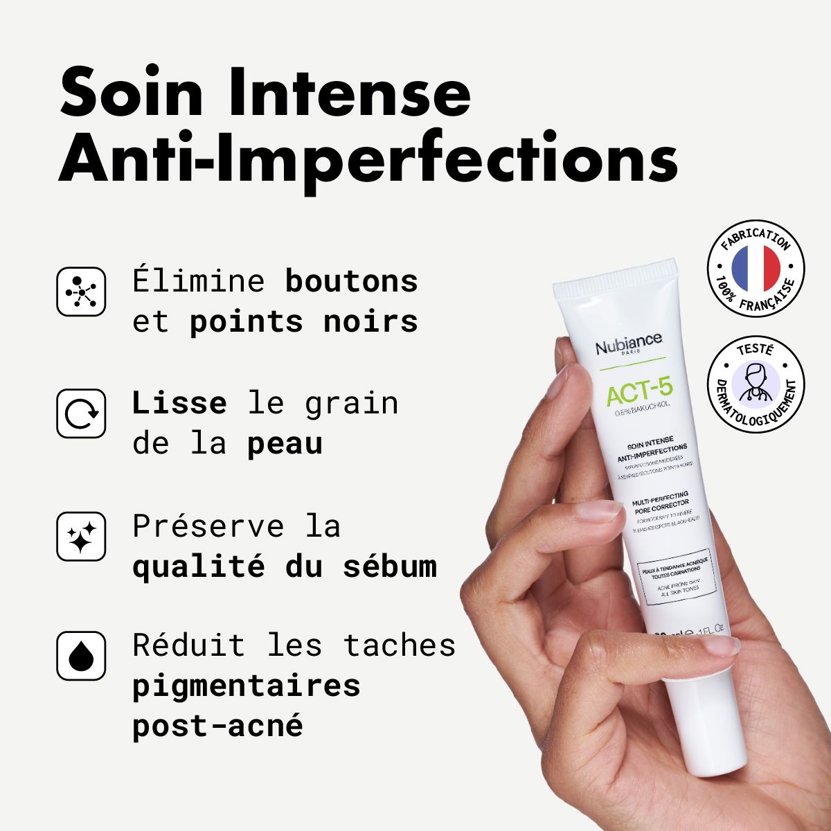 Main tenant un tube. Texte: Soin Intense Anti-Imperfections. Icônes et texte décrivent les avantages. Certifications.