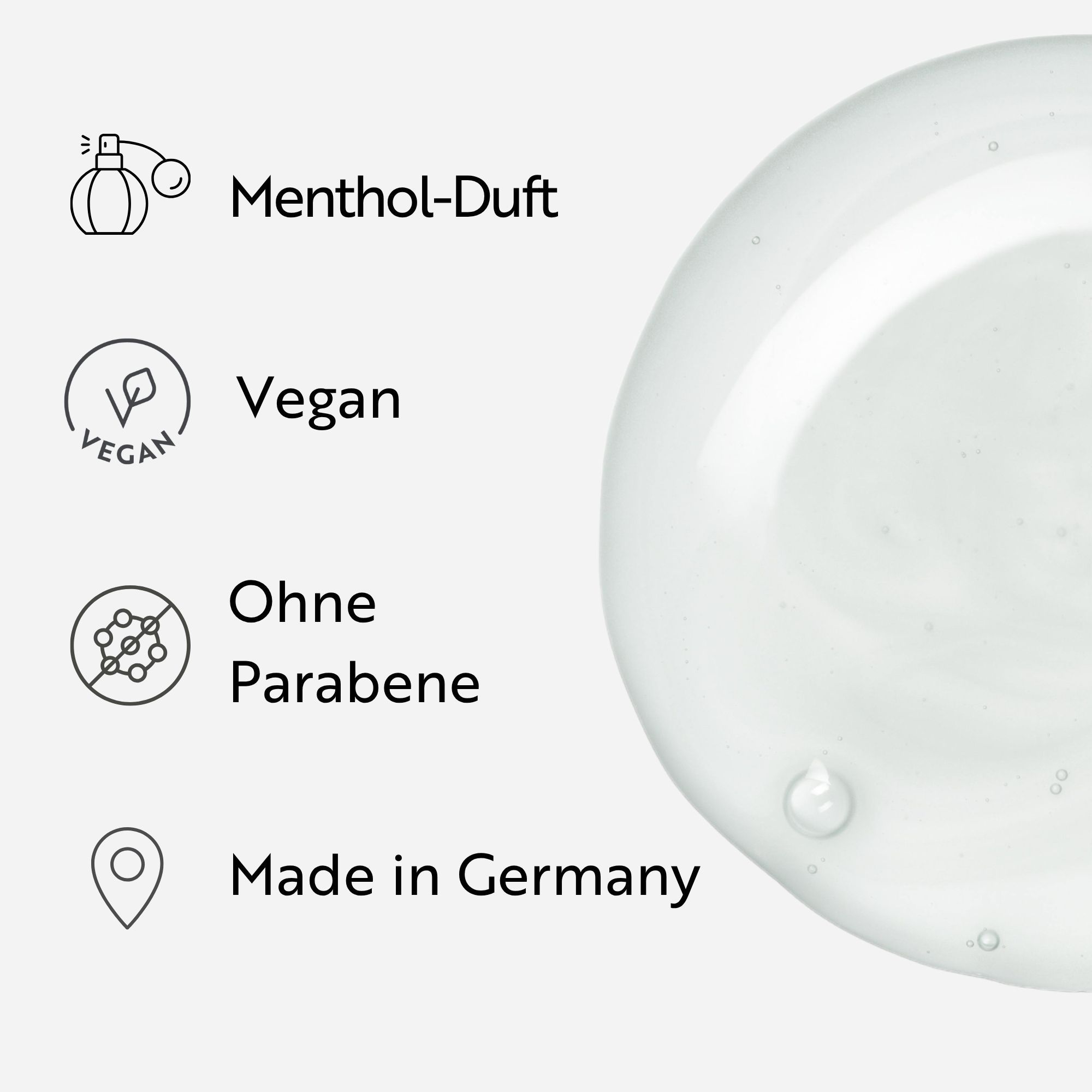 Symbolen en tekst. Mentholgeur, Vegan, Zonder parabenen, Made in Germany. Druppel vloeistof op de achtergrond.