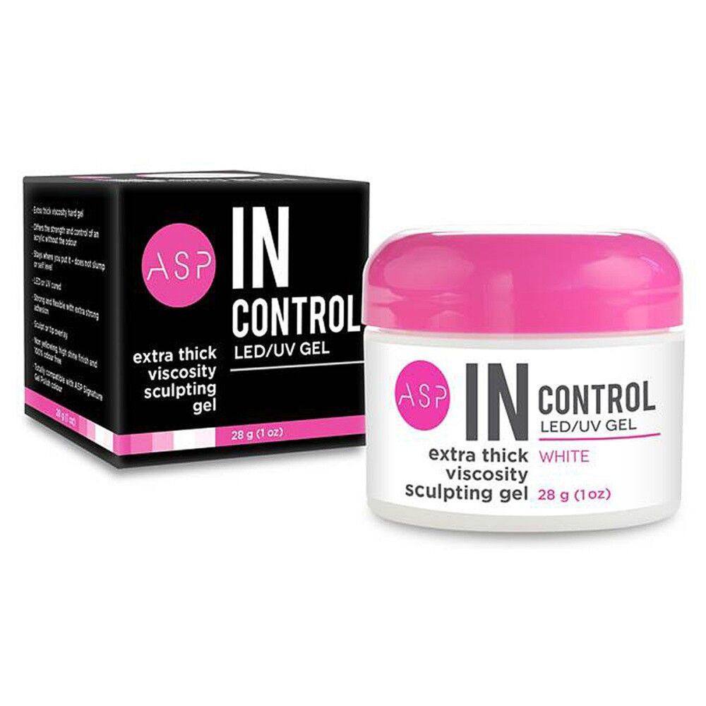 Wit LED/UV gel in witte pot met roze deksel. Zwarte verpakking met productinfo.