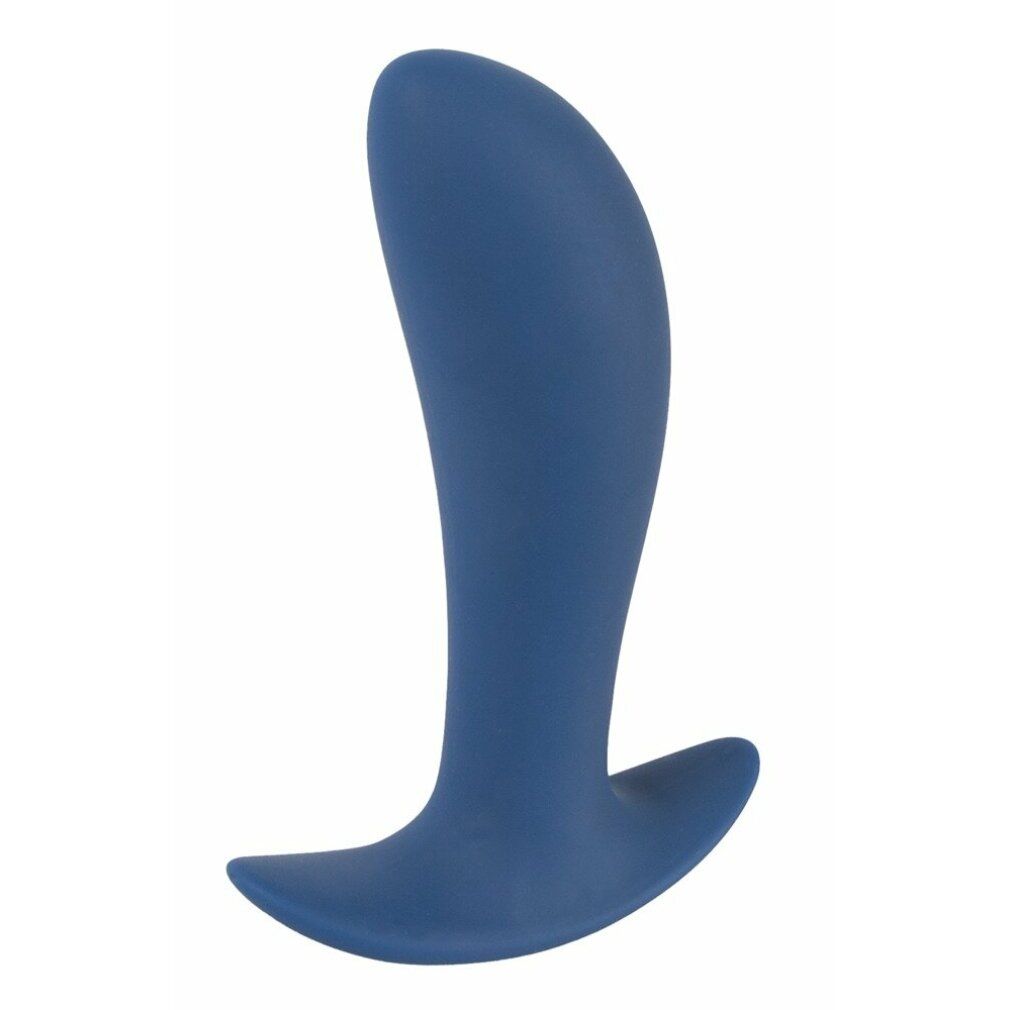 Donkerblauwe anale plug, van voren gezien. Gebogen vorm, brede basis.