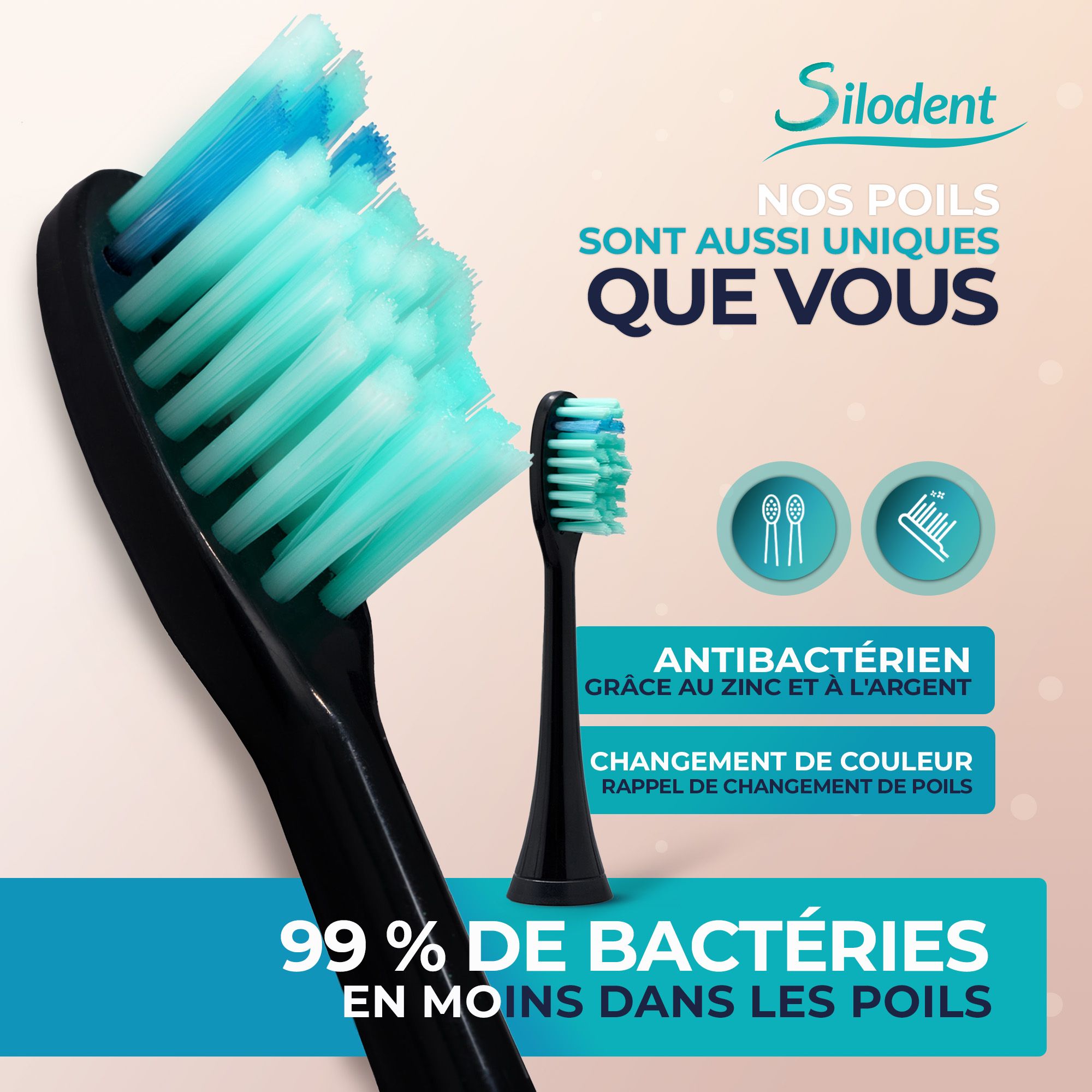 Brosse à dents sonique noire avec poils turquoise. Gros plan sur la tête de brosse et une tête de remplacement.