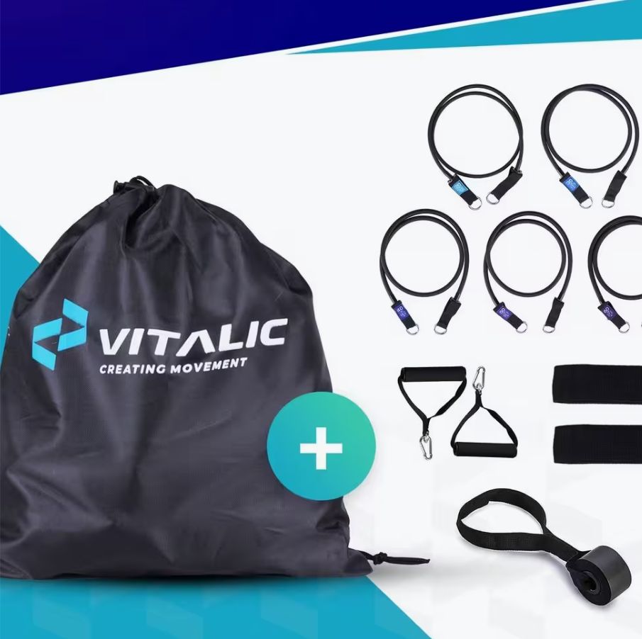 Weerstandsbandenset met accessoires in zwarte tas. Bevat banden, handvatten, enkelbanden. VITALIC logo.