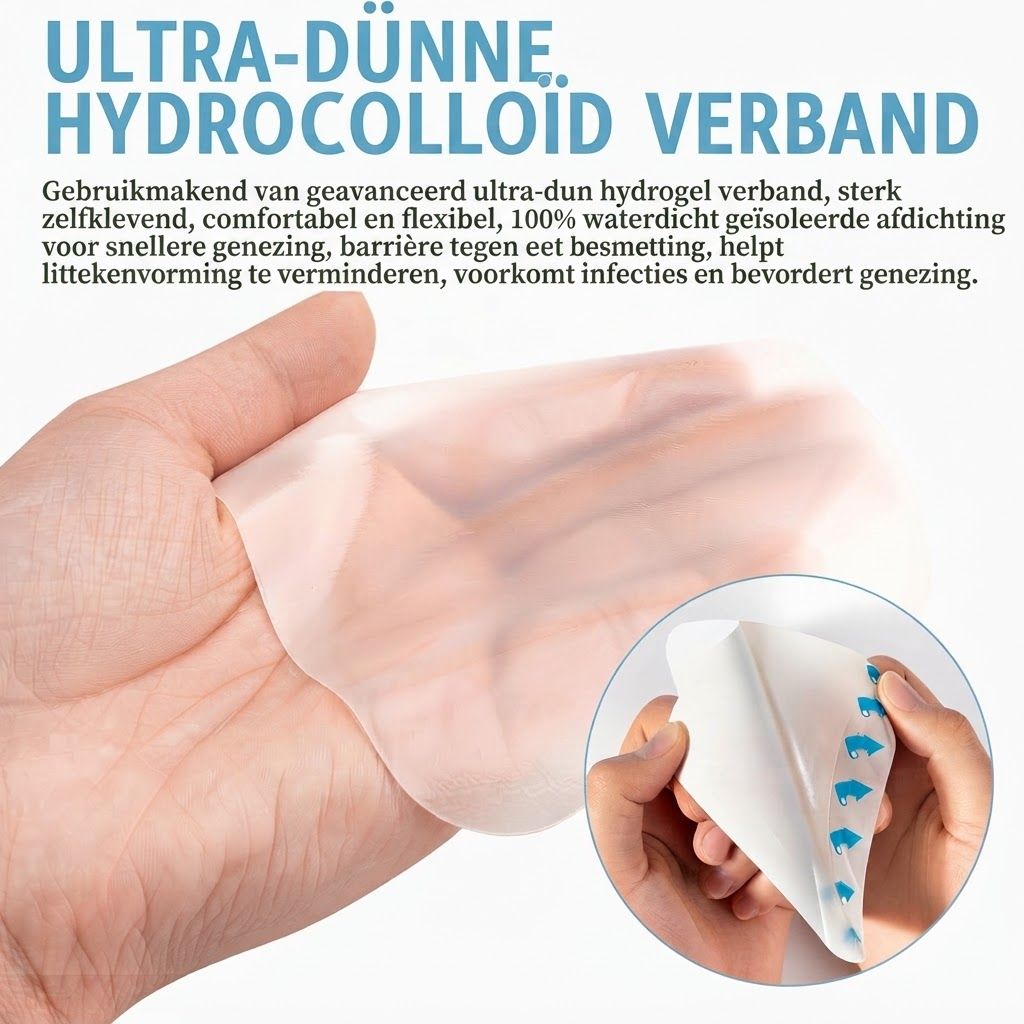 Ultradun hydrocolloïd verband op een hand, flexibel en waterdicht.