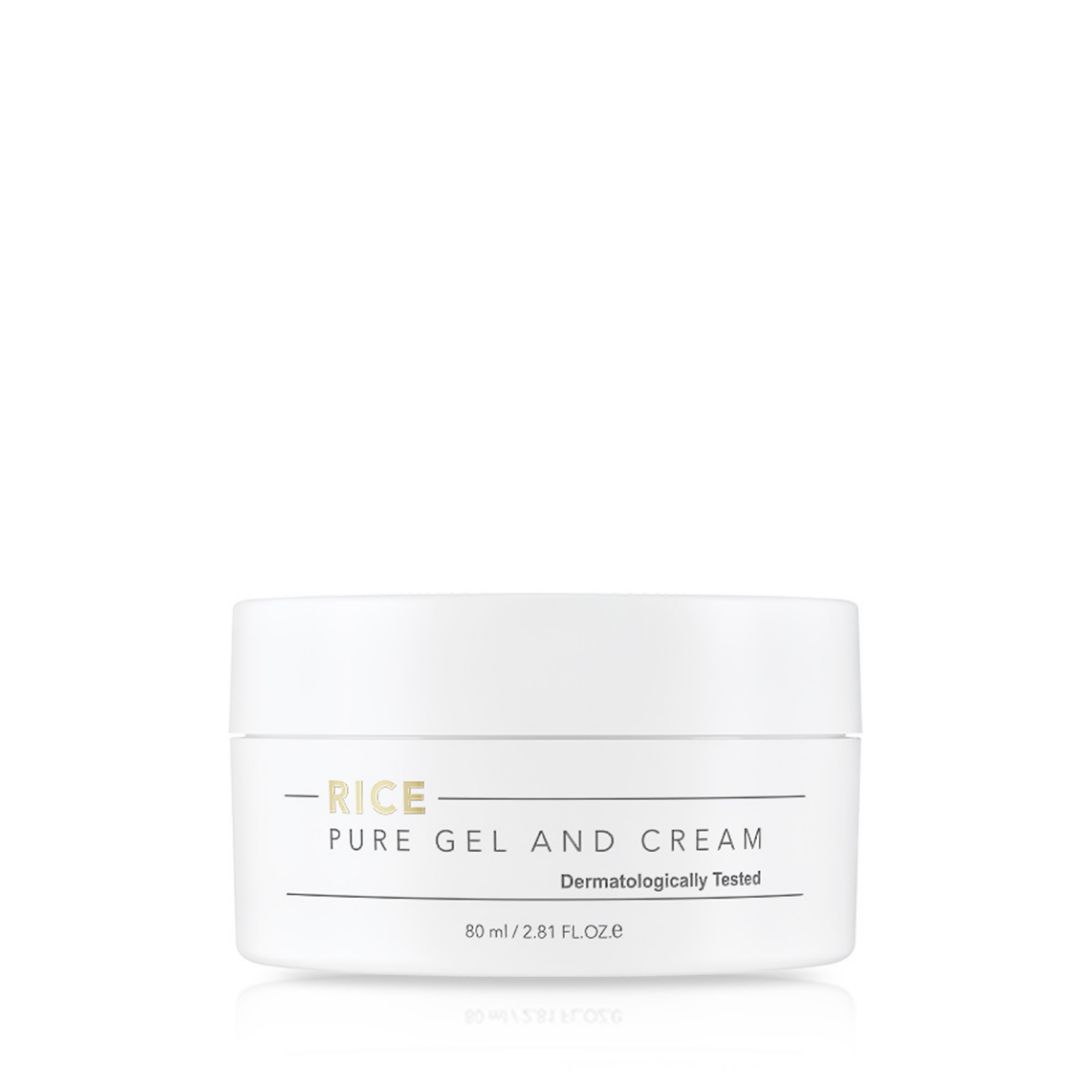 Pot blanc avec l'inscription -RICE- PURE GEL AND CREAM. En dessous, il est écrit Testé dermatologiquement. En bas, il est écrit 80 ml / 2.81 FL.OZ.e.