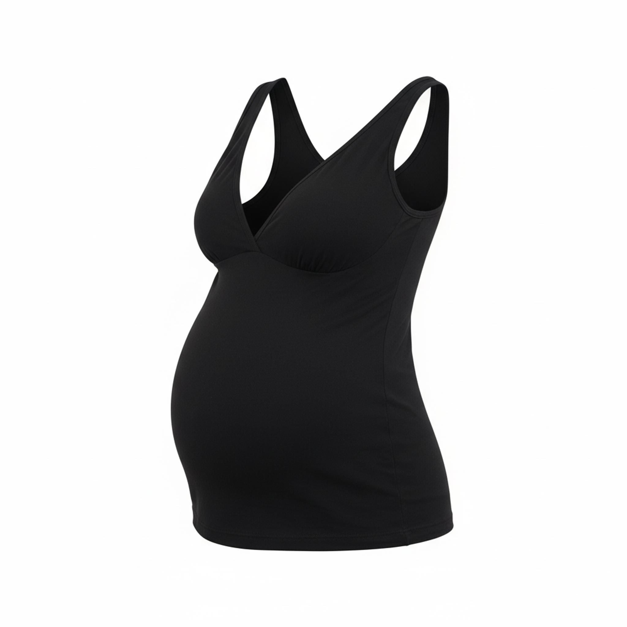 Zwarte bamboe voedings-top met V-hals. Zijaanzicht, benadrukt de buik.