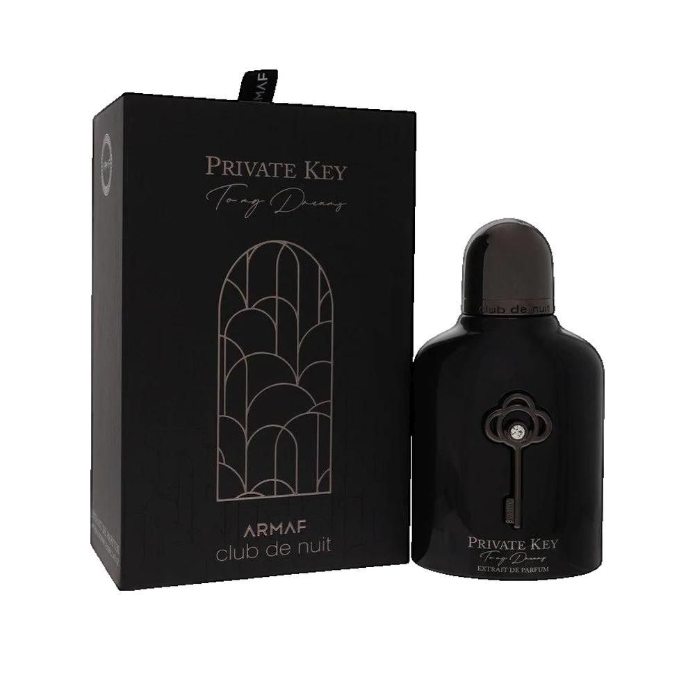 Flacon et boîte noirs. Inscription: Private Key, Armaf Club de Nuit. Flacon avec motif clé.