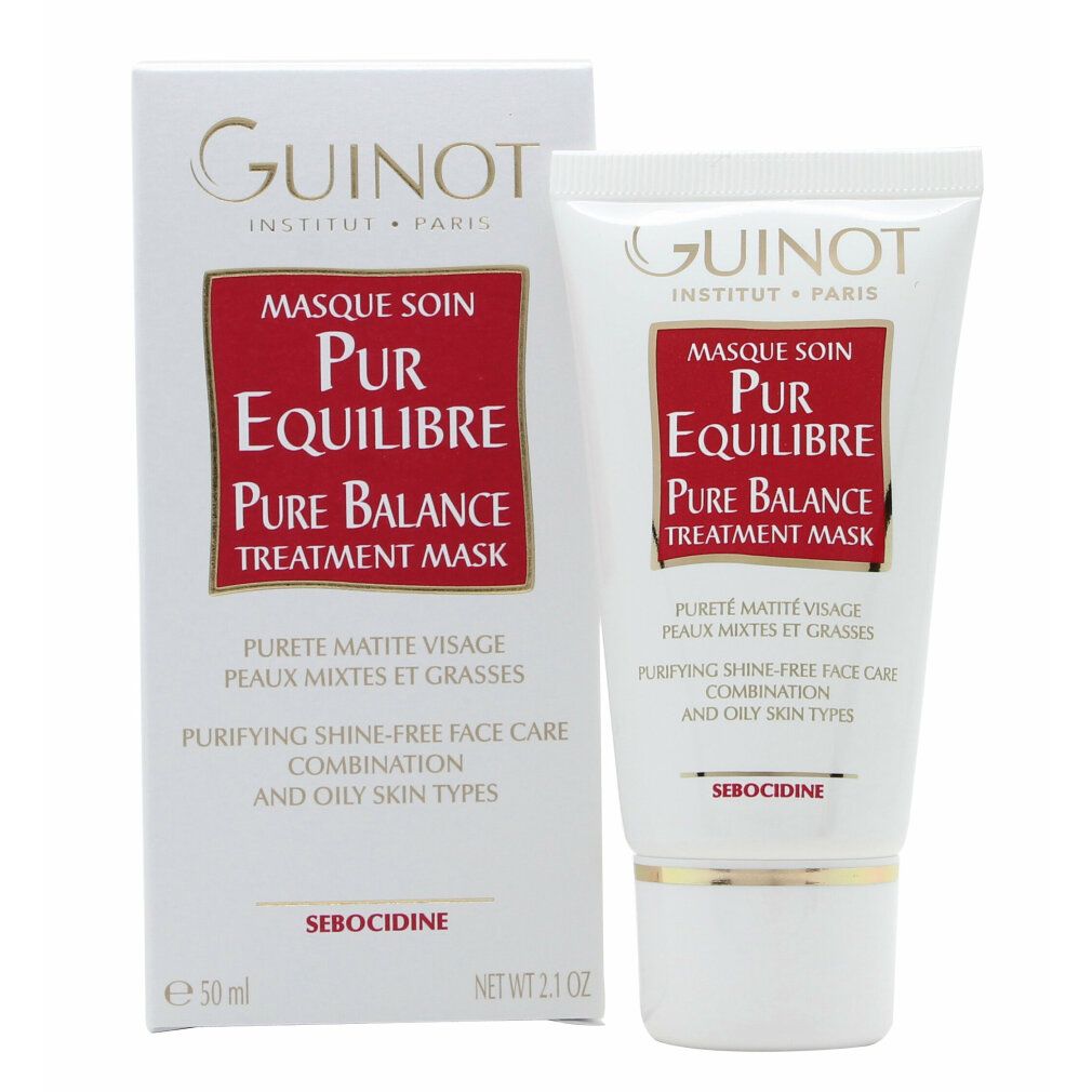 Witte doos en tube met productinformatie. Opschrift: Guinot, Masque Soin Pur Equilibre Pure Balance Treatment Mask.