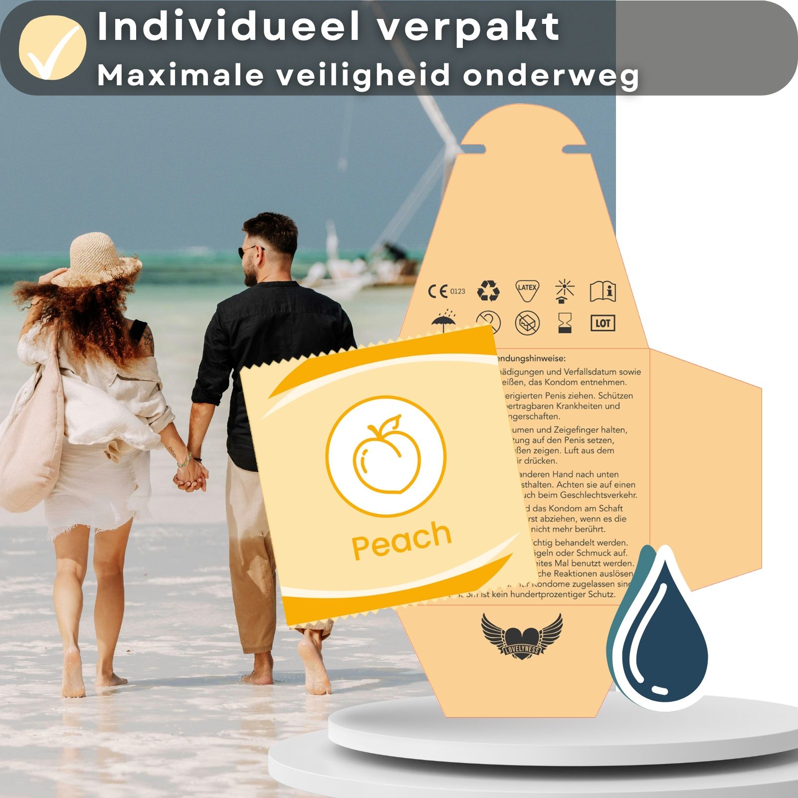 Condo verpakking en condo. Tekst: Lengte van 190 mm en nominale breedte van 52 mm. Logo: Lovelyness. Perzik.