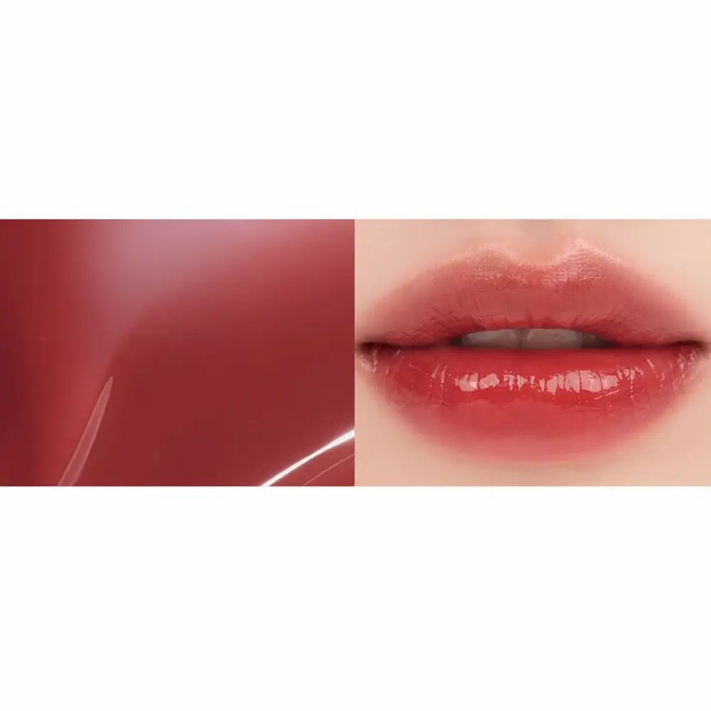 Twee afbeeldingen: lipstickveeg en rode glanzende lippen. De lipstick heeft een glanzend effect.