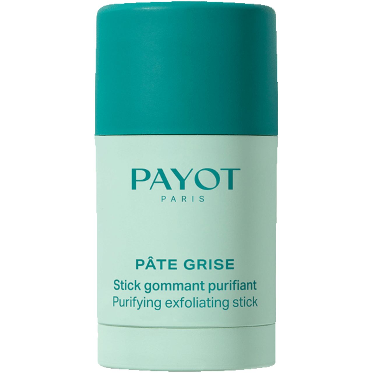 Lichtgroene en turquoise stick. Opschrift: PAYOT PARIS, PÂTE GRISE, Stick gommant purifiant, Purifying exfoliating stick.