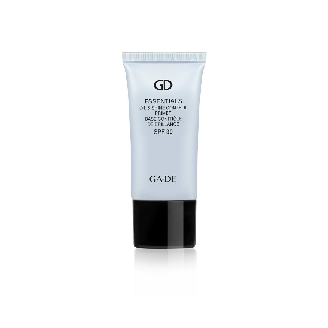 Tube de primer. Inscription: GD Essentials Oil & Shine Control Primer SPF 30. Bouchon noir.