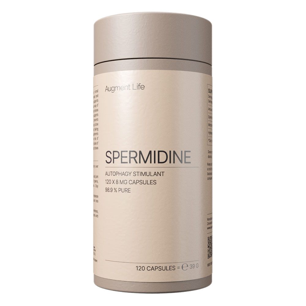 Contenant cylindrique avec inscription 'SPERMIDINE AUTOPHAGY STIMULANT', 120x 8mg capsules, 98.9% pur.