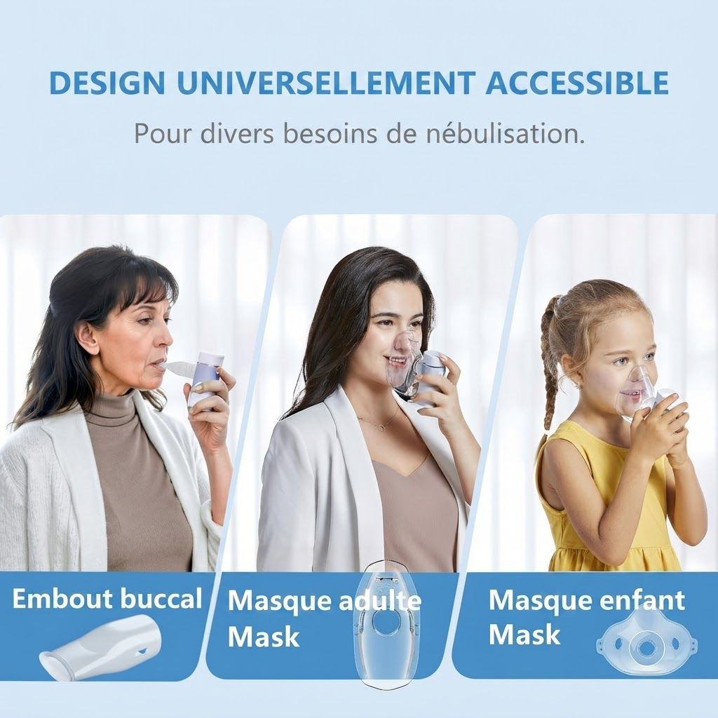 Trois personnes utilisent un nébuliseur : une femme avec un embout buccal, une femme avec un masque adulte, un enfant avec un masque enfant.