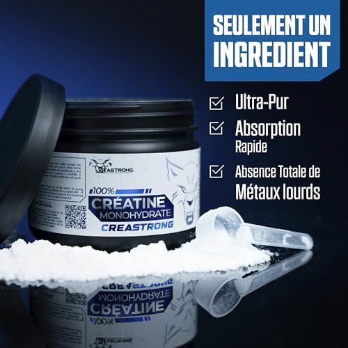 Pot met tekst: Creatine Monohydrate Creastrong. Tekst: Niet gearomatiseerd, 100% Creatine Monohydraat.