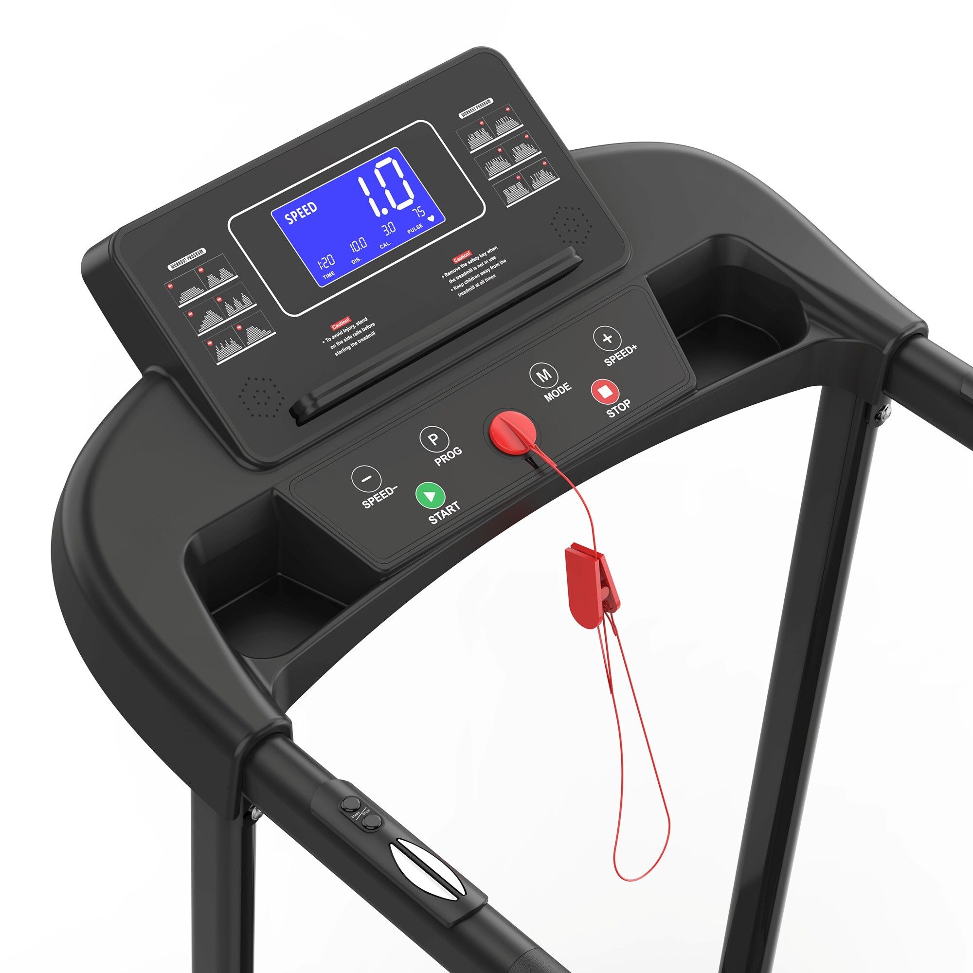 Gros plan du panneau de commande. Grand écran LCD. Bouton d'arrêt rouge. Surface noire. Pour seniors.