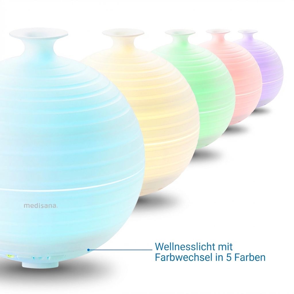 Diffuseur d'arôme avec lumière changeante en 5 couleurs : bleu, jaune, vert, rose, violet.