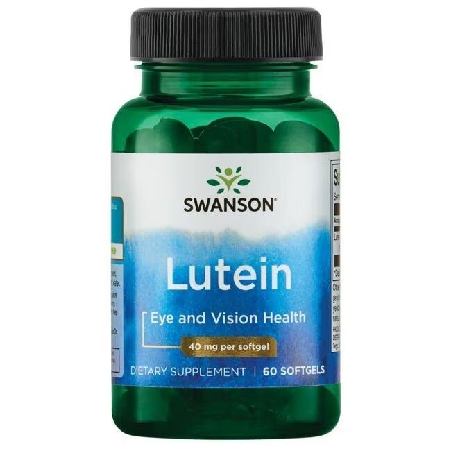 Flacon vert, bouchon noir. Inscription: SWANSON Lutein, 40 mg par gélule. 60 gélules. Complément alimentaire.