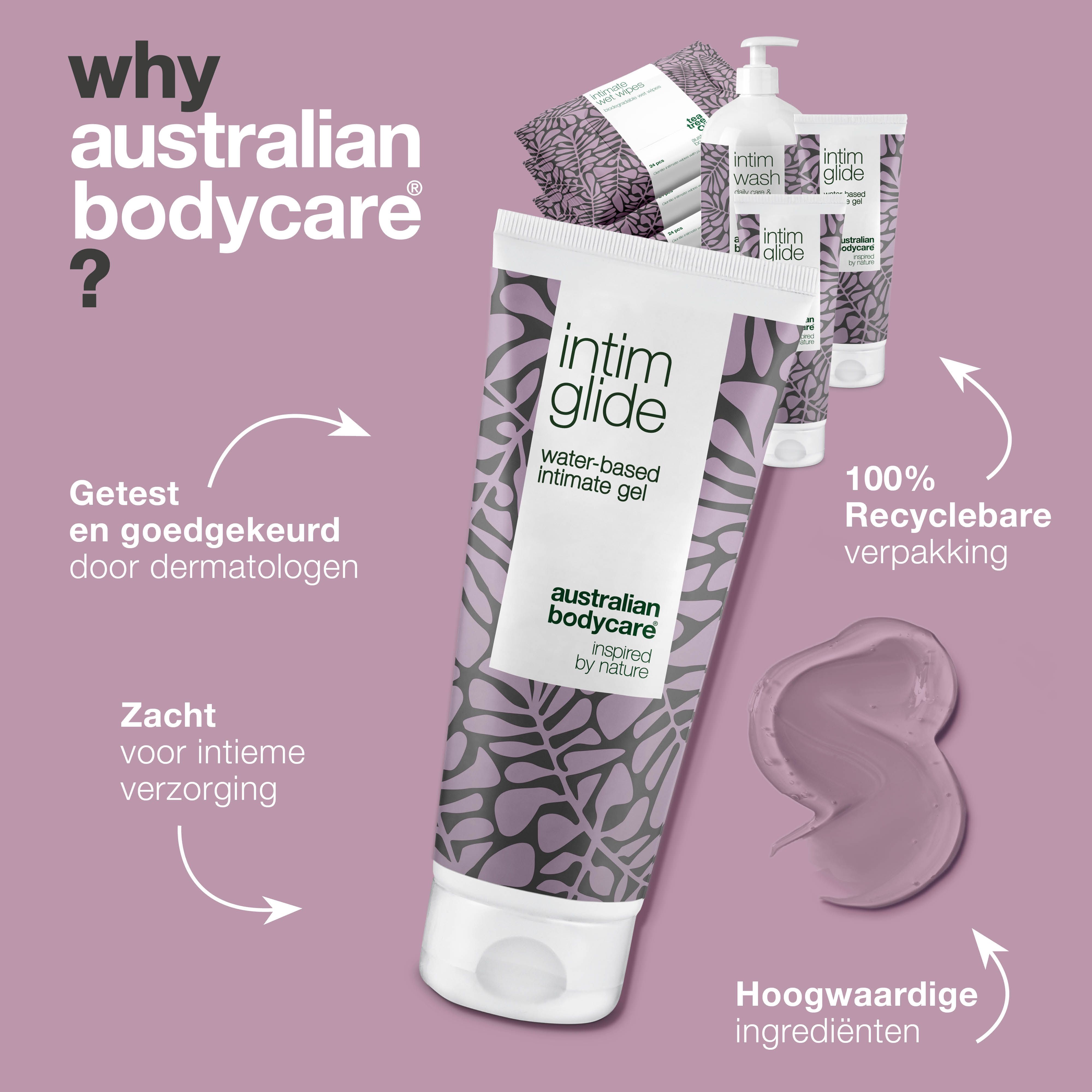 Tube Intim Glide, producten Intim Wash, Glide, Wet Wipes. Tekst: Waarom Australian Bodycare?