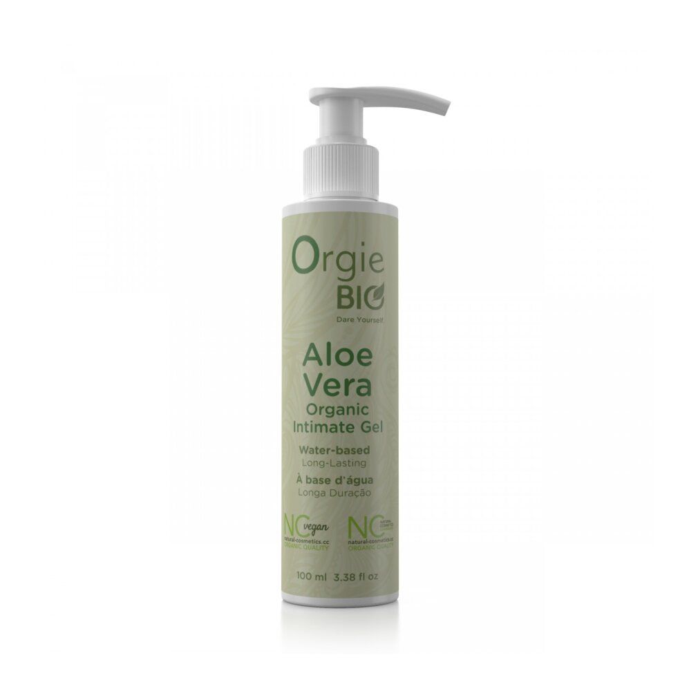 Flacon vert avec pompe. Inscription: Orgie BIO Aloe Vera Organic Intimate Gel. Label Vegan.