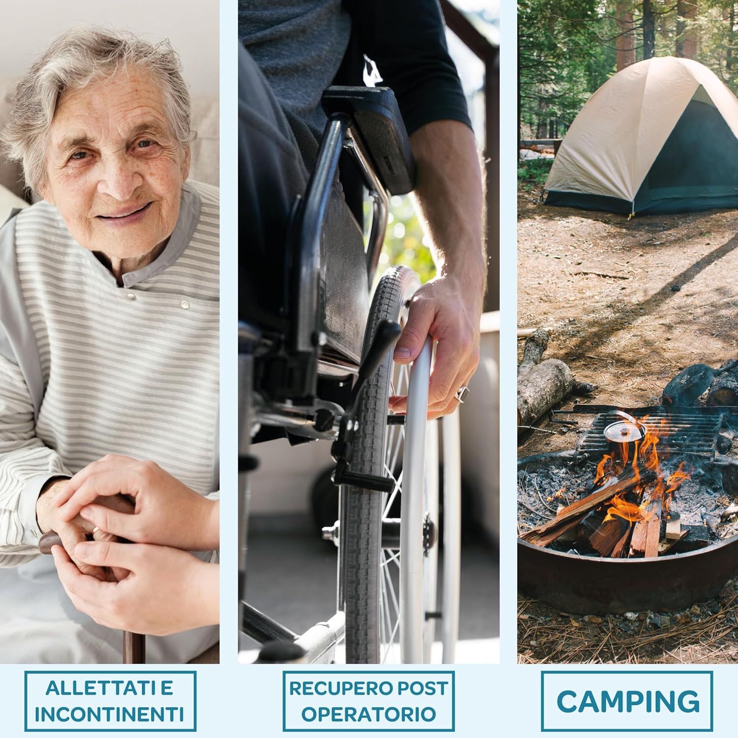 3 images: femme âgée, personne en fauteuil roulant, camping. Texte: Alité et incontinent, post-opération, camping.