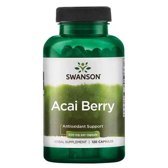Bouteille verte de gélules de baies d'açaï Swanson, 500 mg par gélule, 120 gélules.