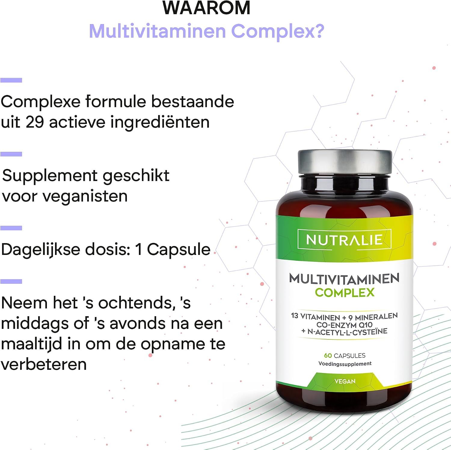Fles met multivitamine complex capsules van Nutralie, 60 capsules, vegan.