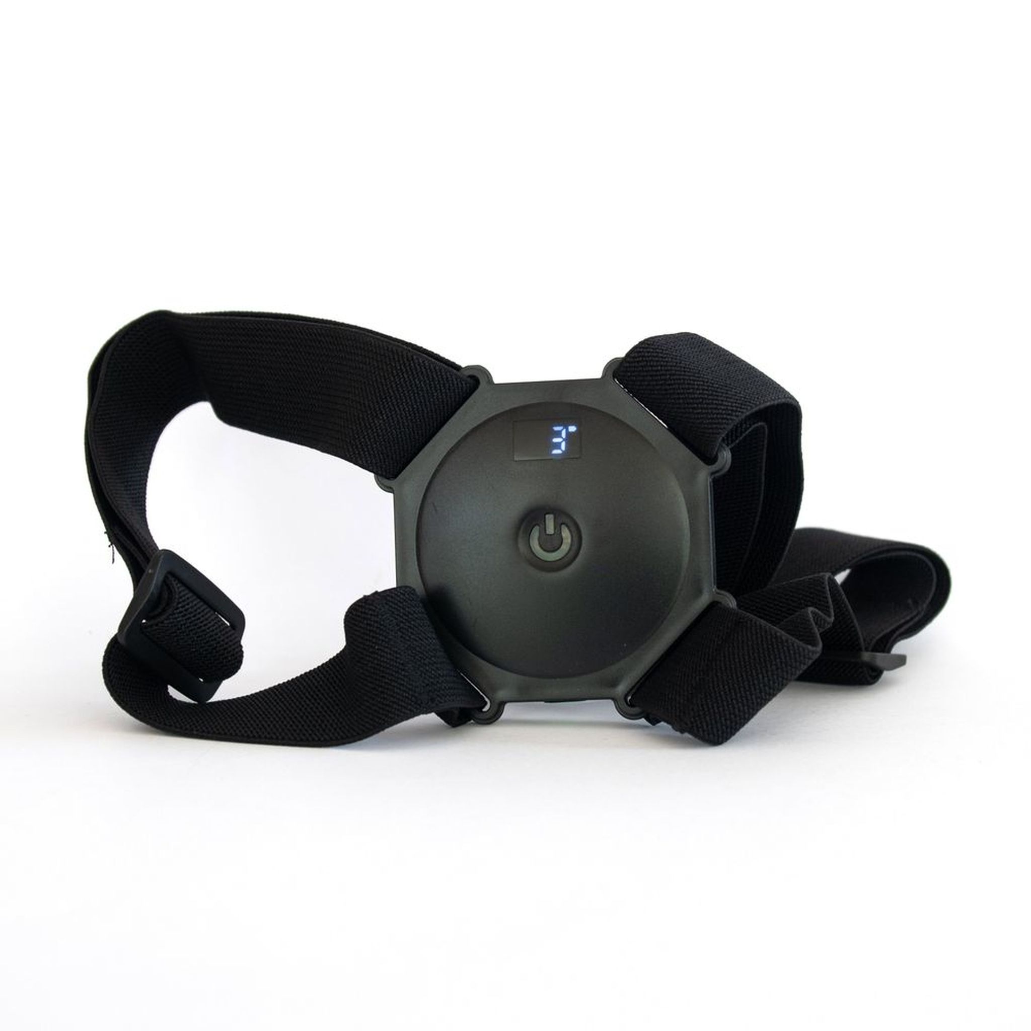 Correcteur de posture noir avec module central et écran. Bandes élastiques.