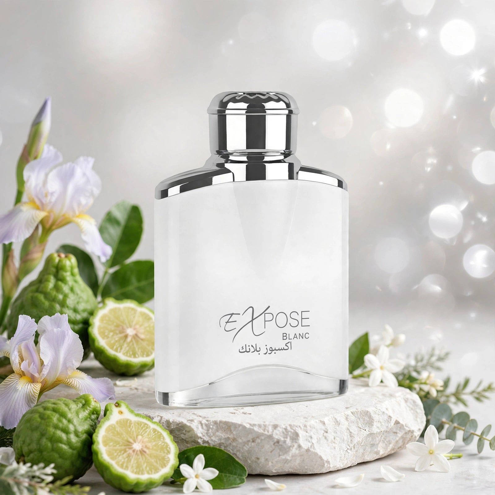Flacon de parfum blanc avec bouchon argenté, entouré de fleurs et d'agrumes.
