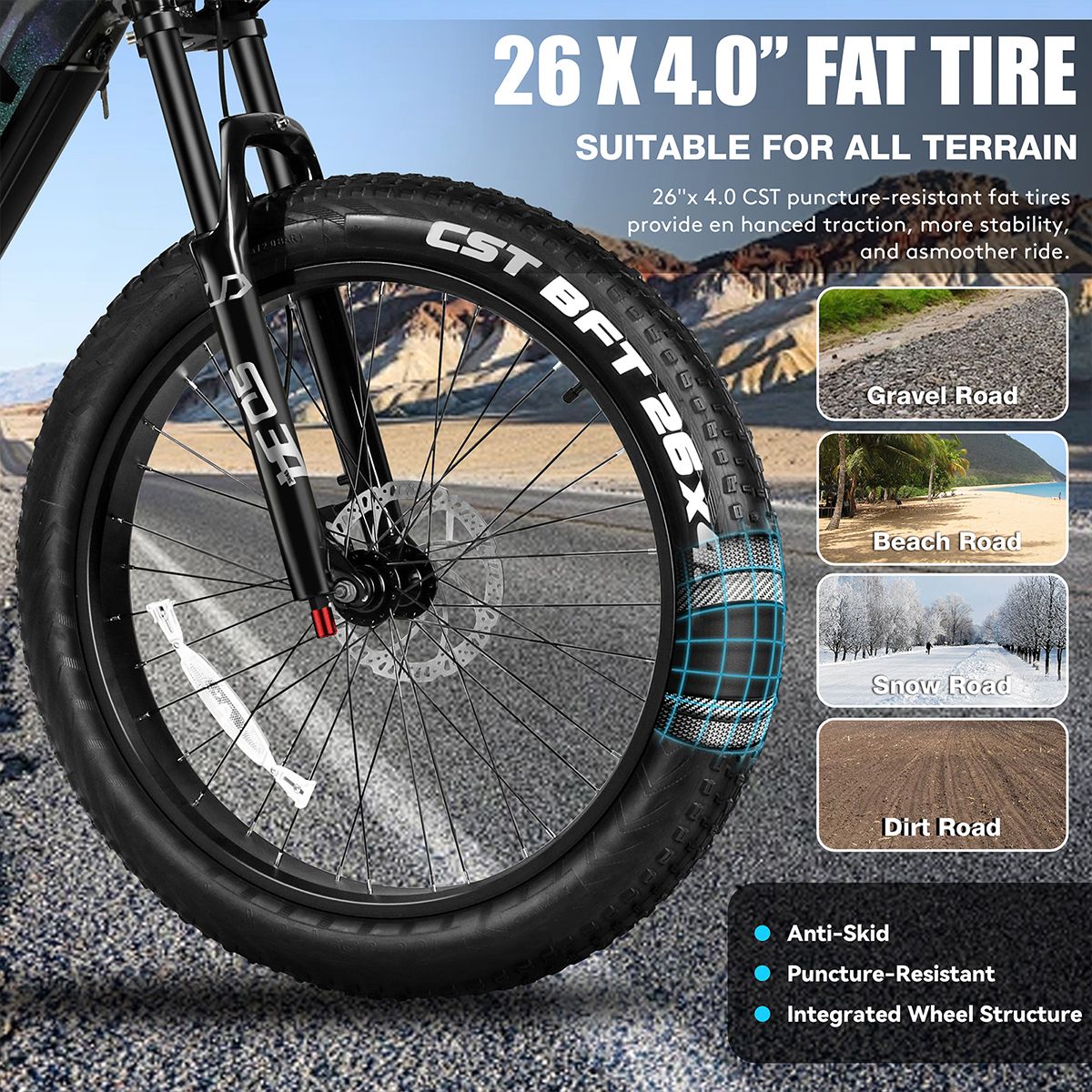 Pneus Fatbike 26 x 4.0". Adaptés à tous les terrains. Pneus CST BFT. Antidérapant, anti-crevaison, structure intégrée.