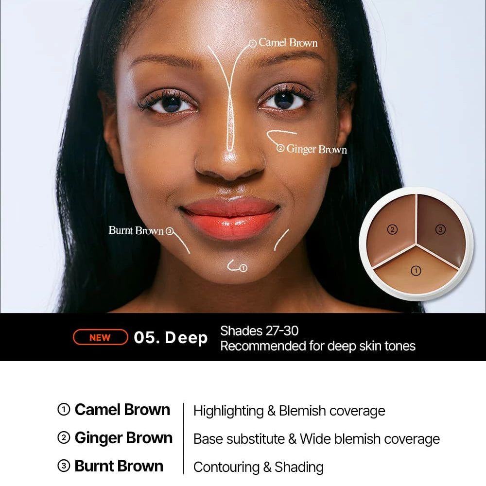 Femme à la peau foncée avec des zones tracées pour l'application du correcteur. Trio de correcteurs avec Camel Brown, Ginger Brown et Burnt Brown.