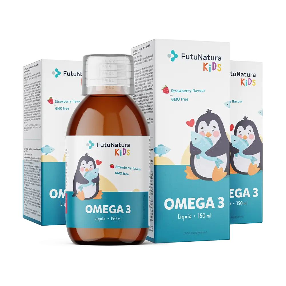 Vloeibaar voedingssupplement voor kinderen. Fles en verpakking met pinguïnillustratie. Aardbeiensmaak, GMO-vrij.