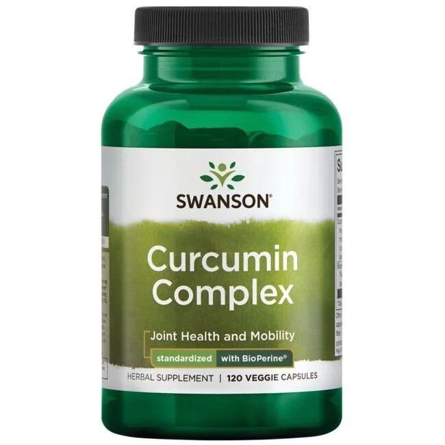 Flacon vert avec bouchon noir. Inscription: SWANSON Curcumin Complex. 120 gélules. Standardisé avec BioPerine. Santé des articulations.