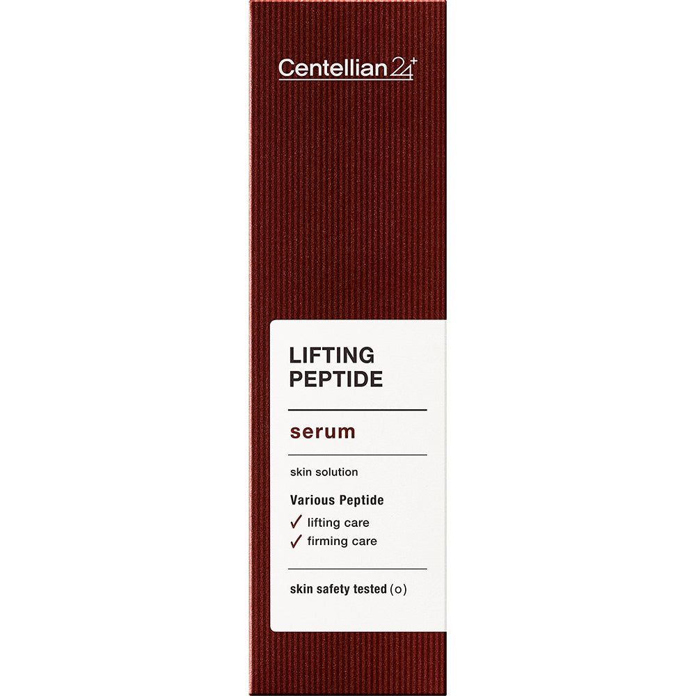 Emballage du Centellian24 Lifting Peptide Serum. Boîte rouge foncé avec étiquette blanche.